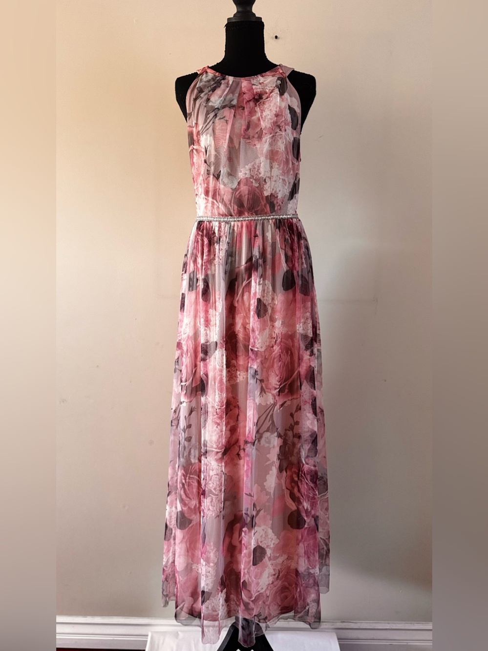 Elegant Pink Floral Rose Maxi Dress with Embellished Waist